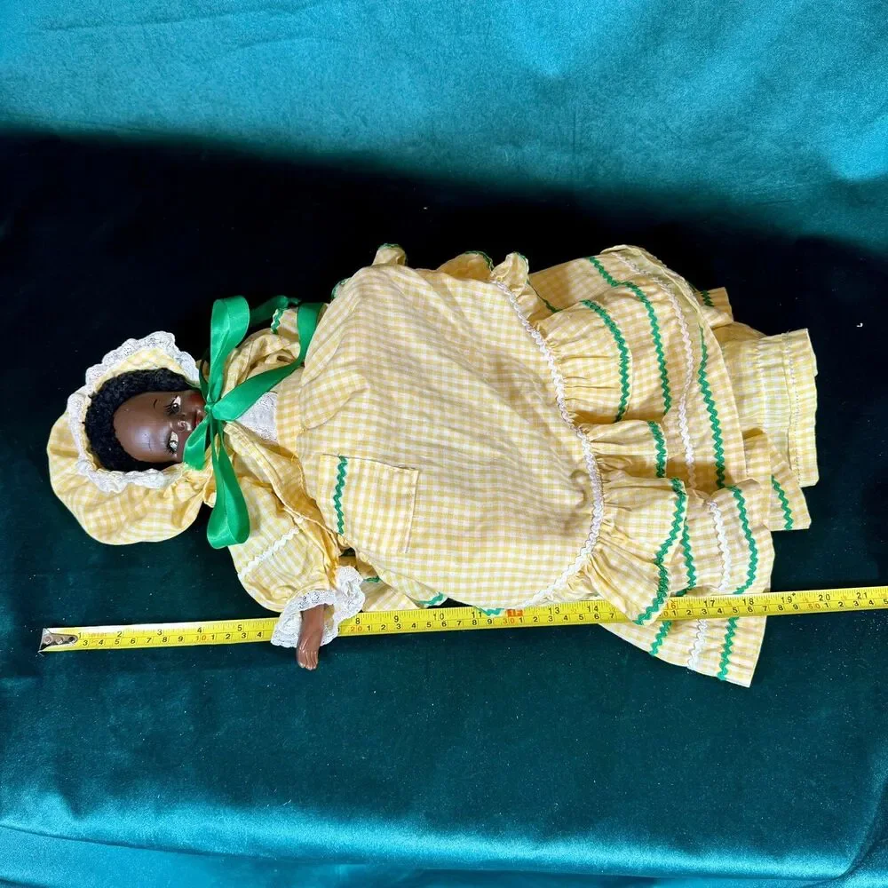 Vintage Handmade African American Doll Folk Art Decor Gingham Yellow Dress